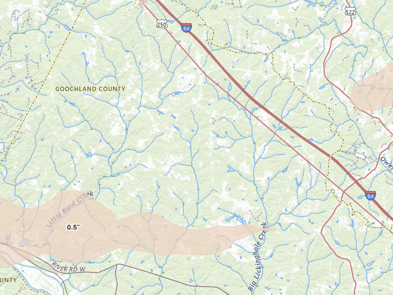 Radar-estimated hail-size map of the storm over Sandy Hook, VA on Jul 21, 2026