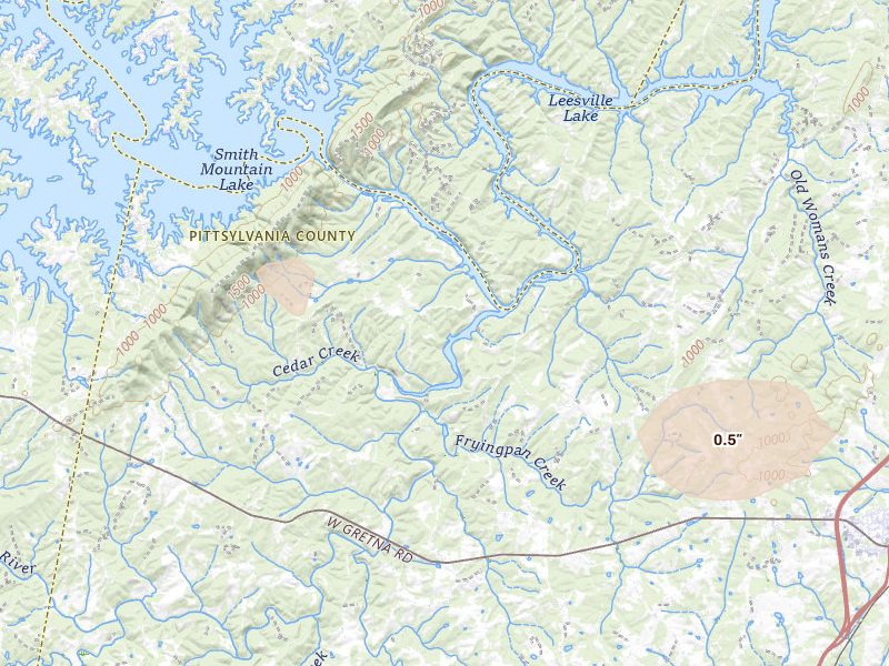 Radar-estimated hail-size map of the storm over Sandy Level, VA on Jul 26, 2026