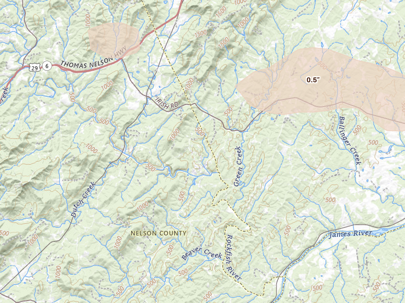 Radar-estimated hail-size map of the storm over Schuyler, VA on May 27, 2026