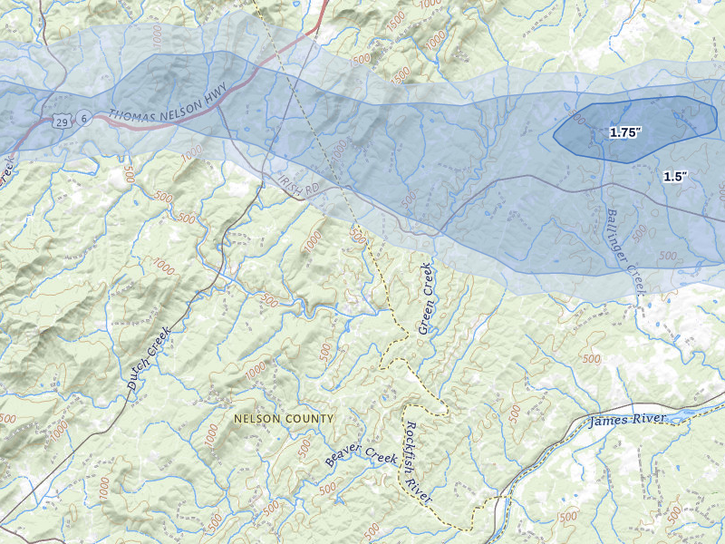 NEXRAD radar-signature map of the hail storm over Schuyler, VA on May 27, 2026