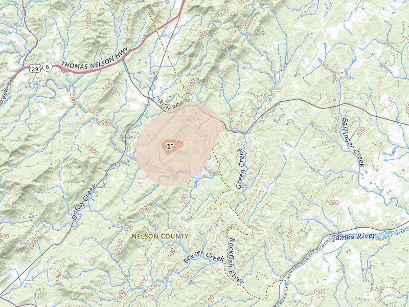Radar-estimated hail-size map of the storm over Schuyler, VA on Jun 26, 2026