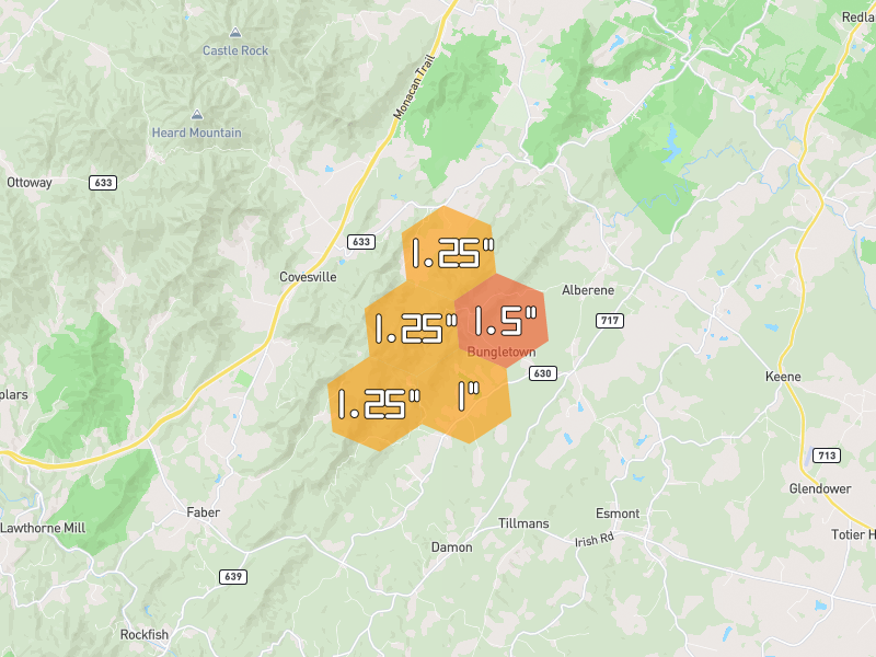 Hail map of Schuyler, VA on Jul 4, 2026, hail up to 1.5"