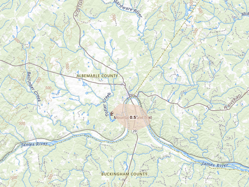 Radar-estimated hail-size map of the storm over Scottsville, VA on Jun 26, 2026