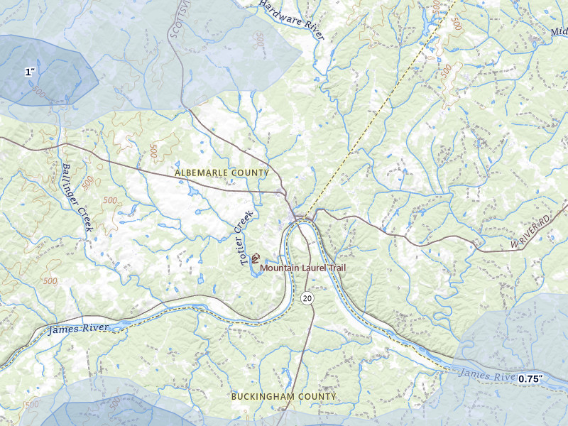 NEXRAD radar-signature map of the hail over Scottsville, VA