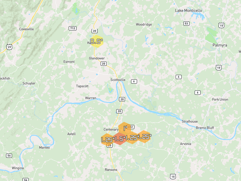 Hail map of Scottsville, VA on Jul 21, 2026, hail up to 1.5"