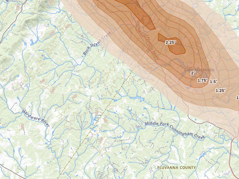 Radar-estimated hail-size map of the storm over Scottsville, VA on Aug 14, 2026