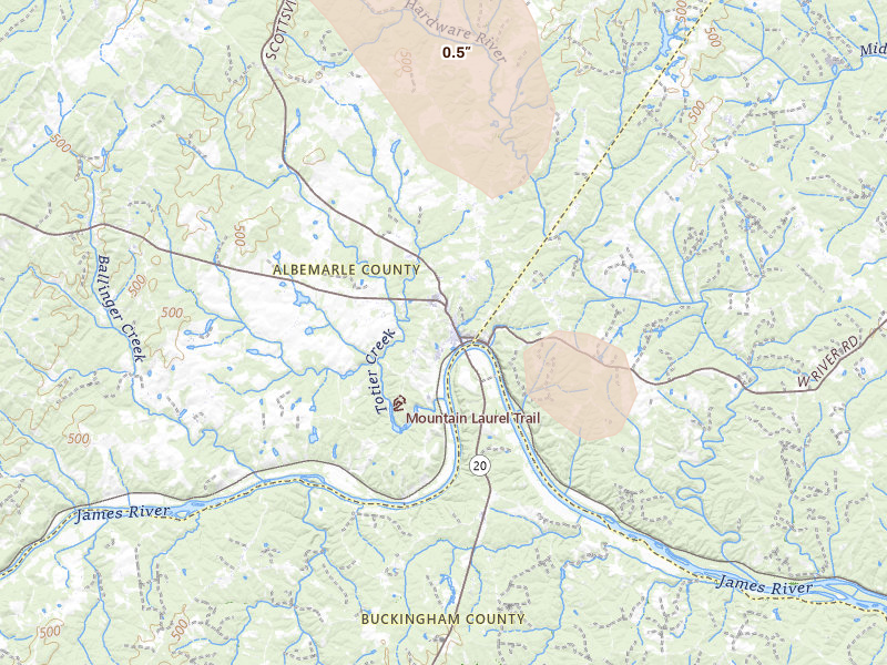 Radar-estimated hail-size map of the storm over Scottsville, VA on Aug 16, 2026