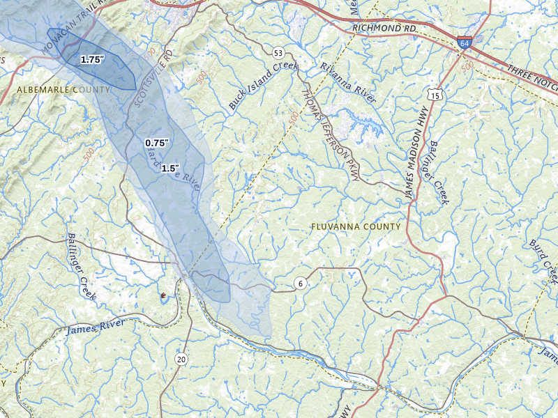 NEXRAD radar-signature map of the hail storm over Scottsville, VA on Aug 16, 2026