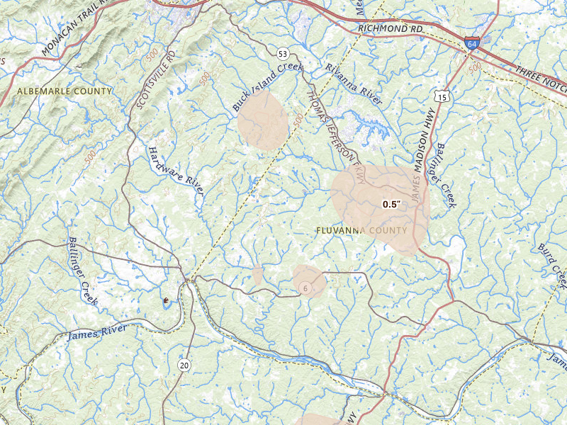 Radar-estimated hail-size map of the storm over Scottsville, VA on Sep 2, 2026