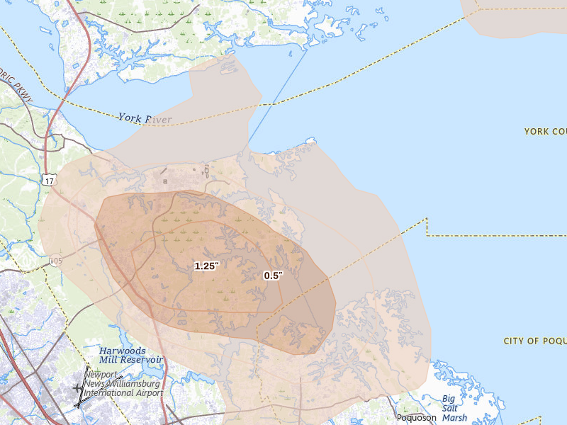 Radar-estimated hail-size map of the storm over Seaford, VA on Aug 10, 2026