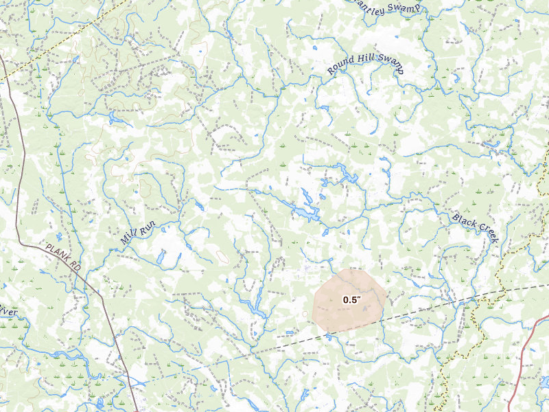 Radar-estimated hail-size map of the storm over Sedley, VA on Jul 28, 2026