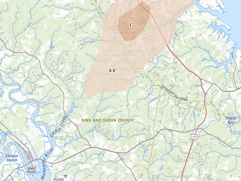 Radar-estimated hail-size map of the storm over Shacklefords, VA on Jun 14, 2026