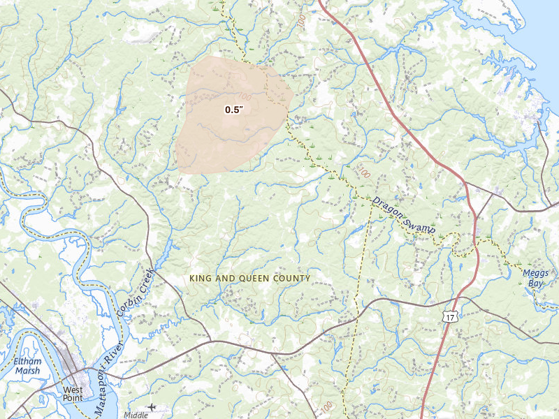 Radar-estimated hail-size map of the storm over Shacklefords, VA on Jul 18, 2026