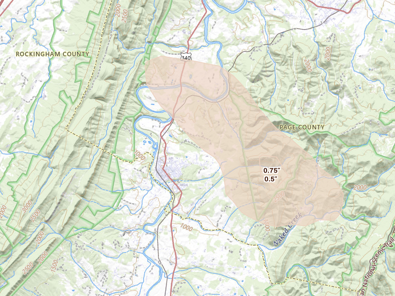 Radar-estimated hail-size map of the storm over Shenandoah, VA on Sep 4, 2026