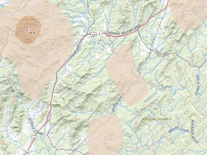 Radar-estimated hail-size map of the storm over Shipman, VA on Jul 4, 2026