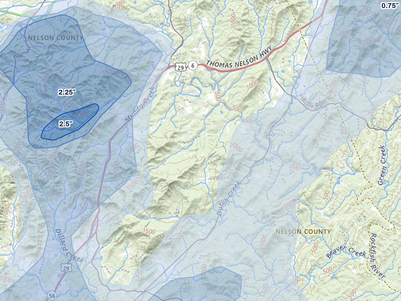 NEXRAD radar-signature map of the hail storm over Shipman, VA on Jul 4, 2026