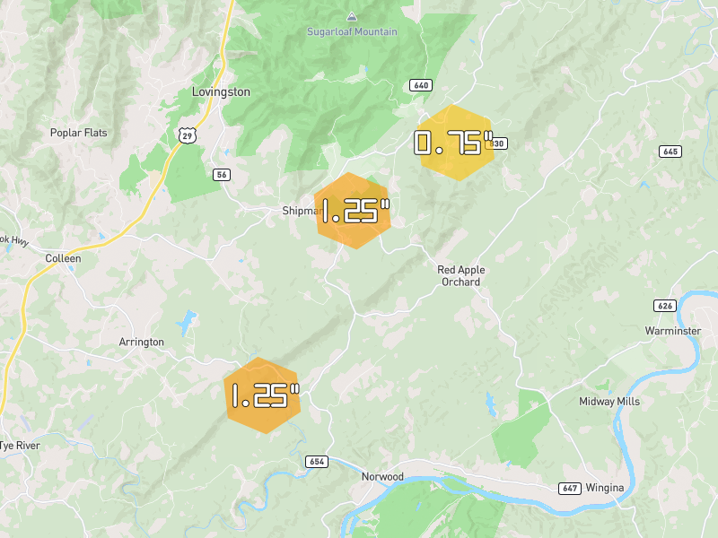 Hail map of Shipman, VA on Jul 4, 2026, hail up to 1.25"