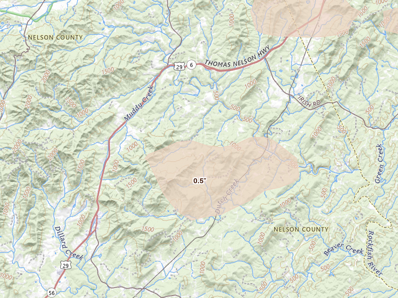 Radar-estimated hail-size map of the storm over Shipman, VA on Jul 21, 2026