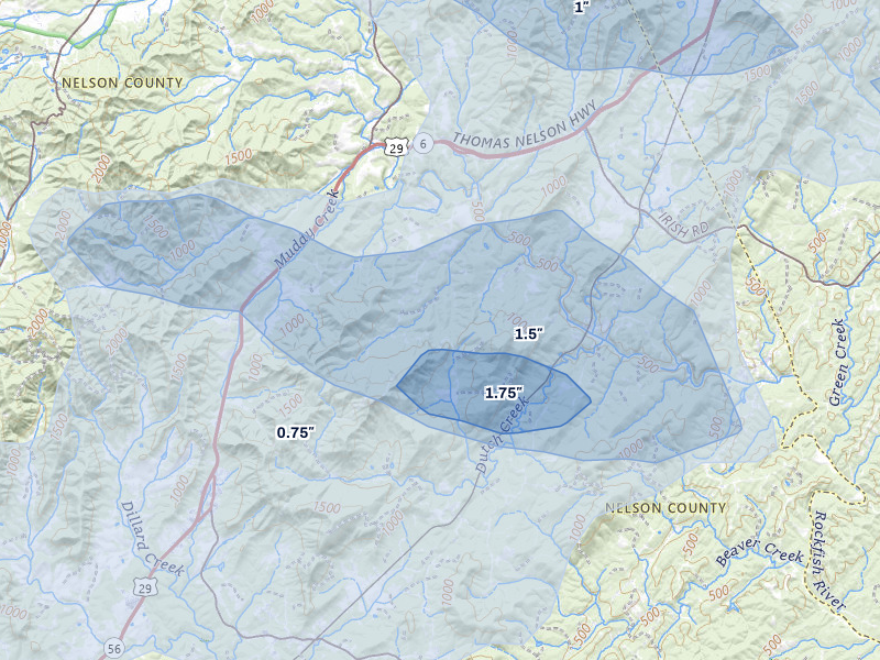 NEXRAD radar-signature map of the hail over Shipman, VA