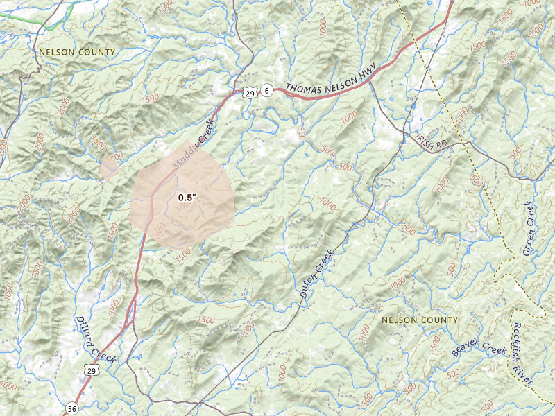 Radar-estimated hail-size map of the storm over Shipman, VA on Jul 26, 2026