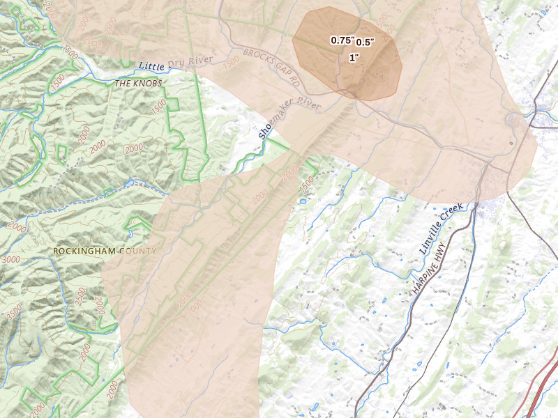 Radar-estimated hail-size map of the storm over Singers Glen, VA on Aug 27, 2026