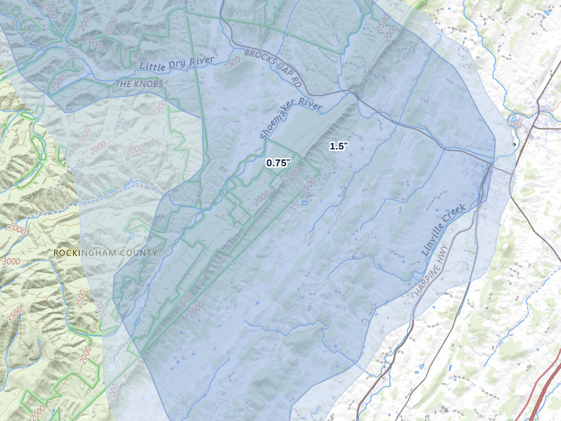 NEXRAD radar-signature map of the hail storm over Singers Glen, VA on Aug 27, 2026