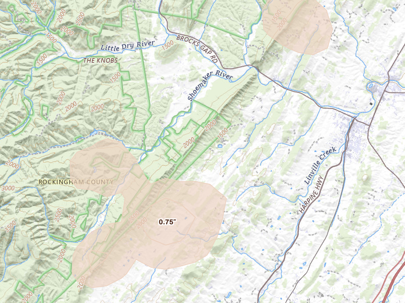 Radar-estimated hail-size map of the storm over Singers Glen, VA on Sep 2, 2026
