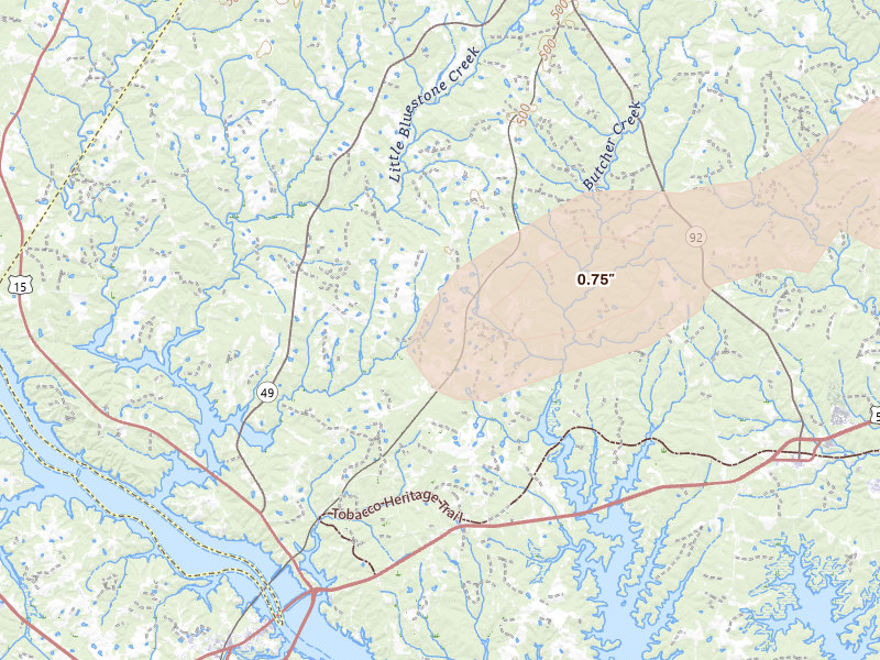 Radar-estimated hail-size map of the storm over Skipwith, VA on Jul 18, 2026