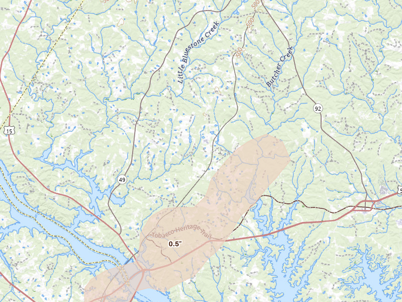 Radar-estimated hail-size map of the storm over Skipwith, VA on Jul 20, 2026