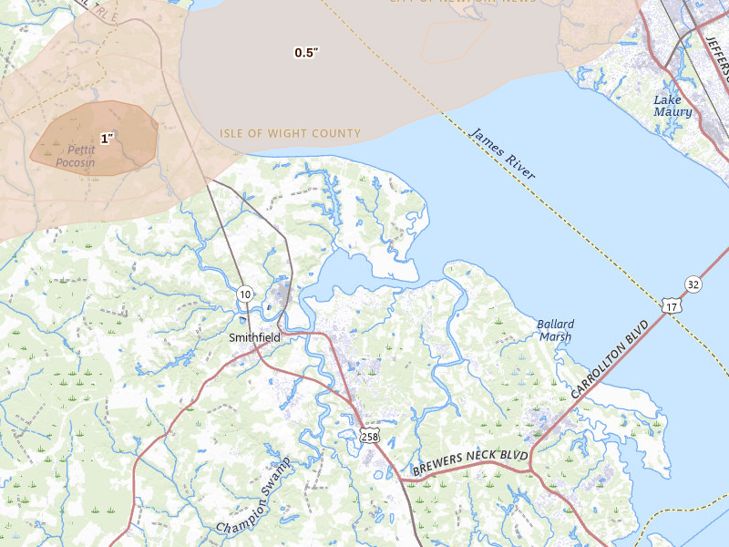 Radar-estimated hail-size map of the storm over Smithfield, VA on Jun 23, 2026