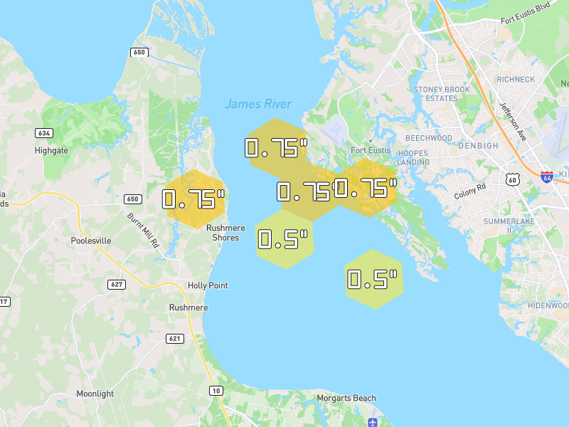 Hail map of Smithfield, VA on Jul 29, 2026, hail up to 0.75"