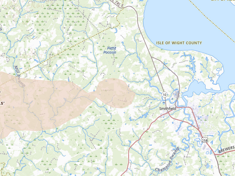 Radar-estimated hail-size map of the storm over Smithfield, VA on Aug 10, 2026
