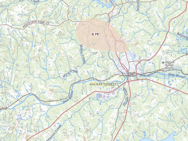 Radar-estimated hail-size map of the storm over South Boston, VA on Jun 10, 2026
