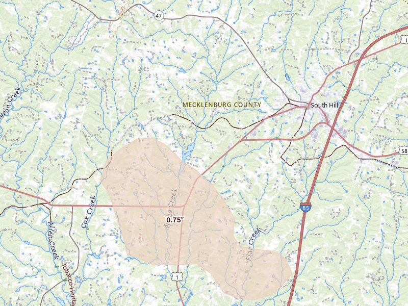 Radar-estimated hail-size map of the storm over South Hill, VA on Jul 6, 2026