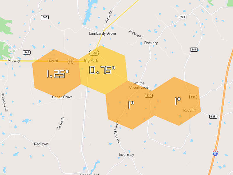 Hail map of South Hill, VA on Jul 6, 2026, hail up to 1.25"