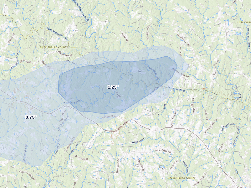 NEXRAD radar-signature map of the hail storm over South Hill, VA on Aug 20, 2026