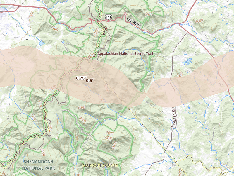 Radar-estimated hail-size map of the storm over Sperryville, VA on Jun 22, 2026
