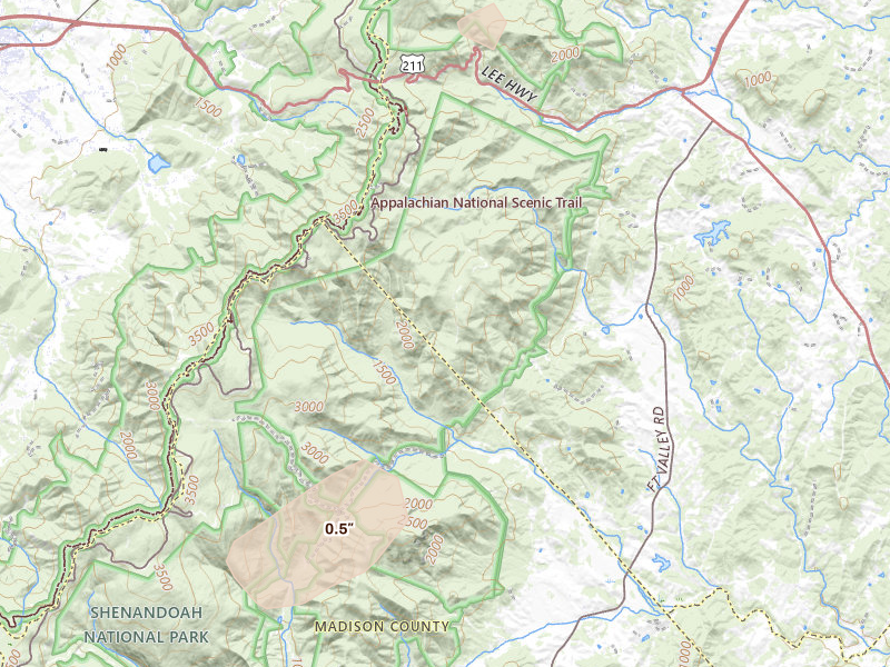 Radar-estimated hail-size map of the storm over Sperryville, VA on Jul 4, 2026