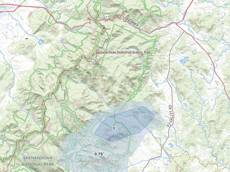 NEXRAD radar-signature map of the hail over Sperryville, VA