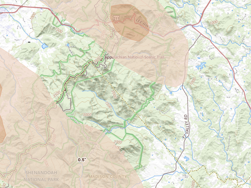 Radar-estimated hail-size map of the storm over Sperryville, VA on Jul 28, 2026