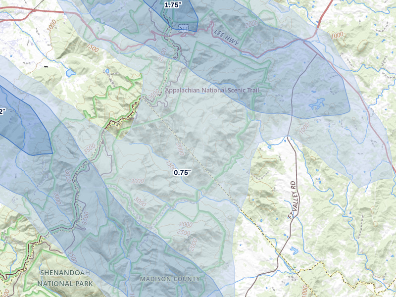 NEXRAD radar-signature map of the hail storm over Sperryville, VA on Jul 28, 2026
