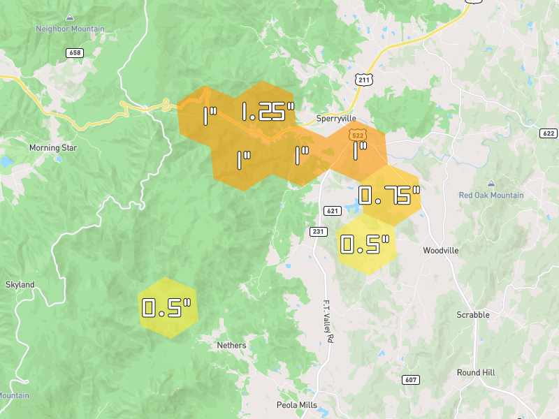 Hail map of Sperryville, VA on Jul 28, 2026, hail up to 1.25"