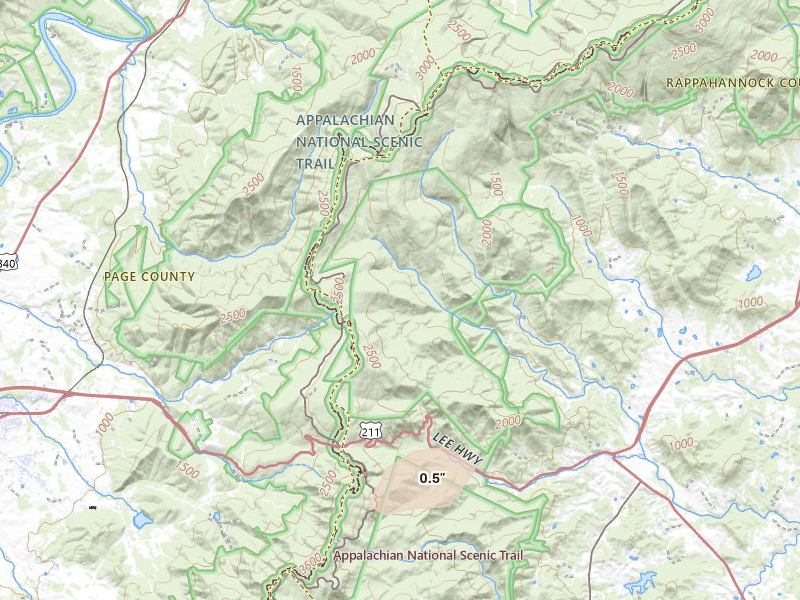 Radar-estimated hail-size map of the storm over Sperryville, VA on Aug 6, 2026