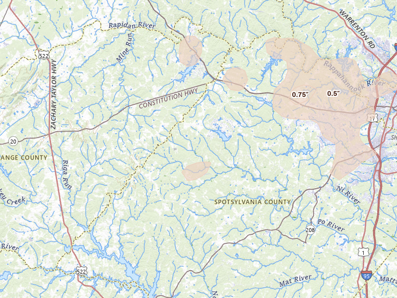 Radar-estimated hail-size map of the storm over Spotsylvania, VA on Jun 12, 2026