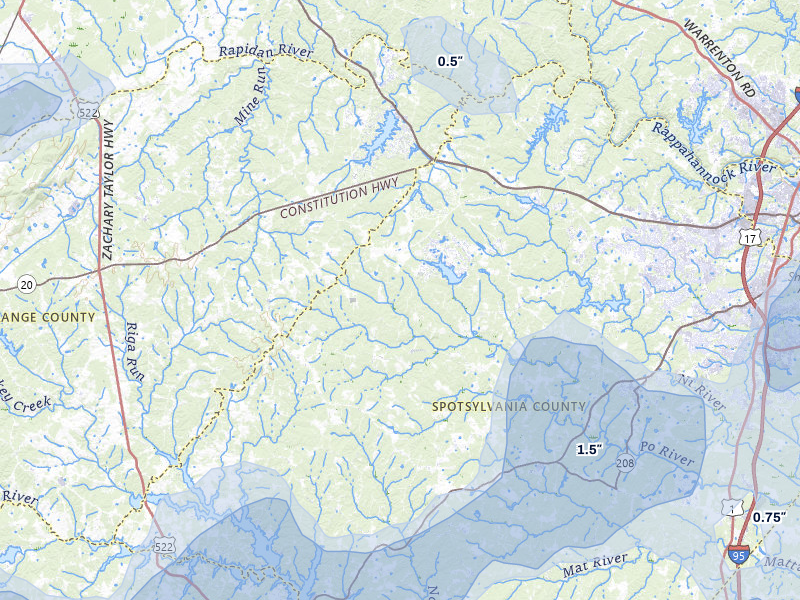 NEXRAD radar-signature map of the hail over Spotsylvania, VA