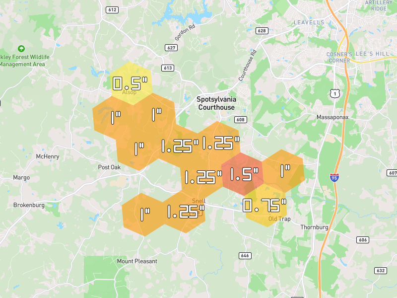 Hail map of Spotsylvania, VA on Jul 4, 2026, hail up to 1.5"