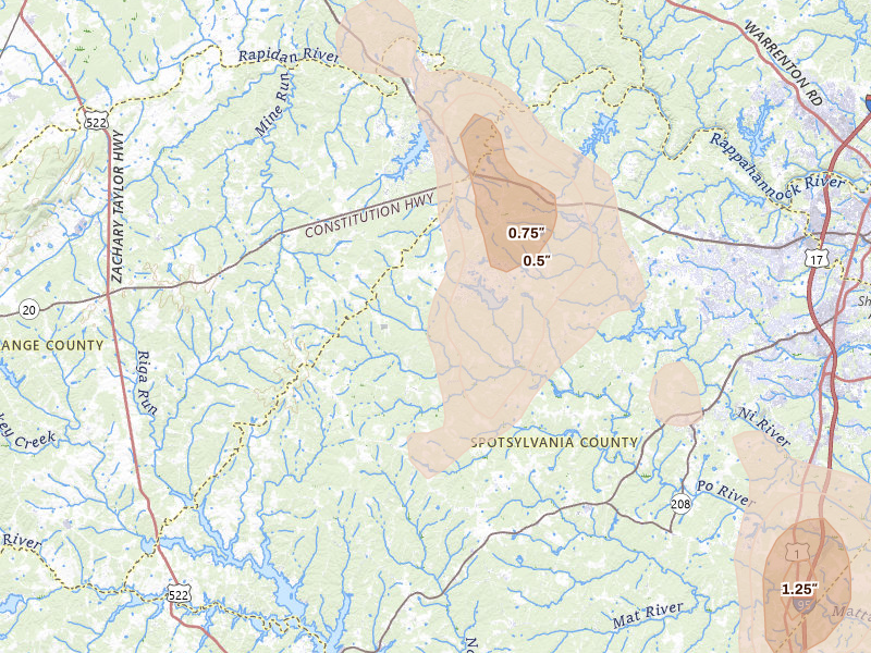 Radar-estimated hail-size map of the storm over Spotsylvania, VA on Jul 5, 2026
