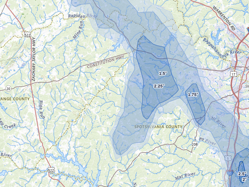 NEXRAD radar-signature map of the hail storm over Spotsylvania, VA on Jul 5, 2026