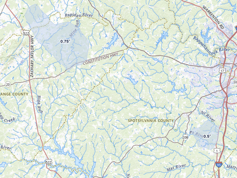 NEXRAD radar-signature map of the hail storm over Spotsylvania, VA on Jul 9, 2026
