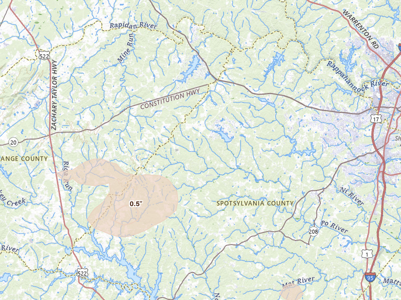 Radar-estimated hail-size map of the storm over Spotsylvania, VA on Jul 18, 2026